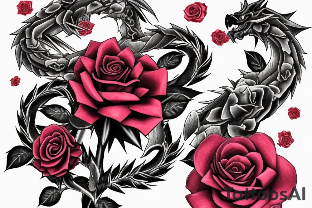 rose dragon from yu gi oh surrounded by rose bush and roses tattoo idea