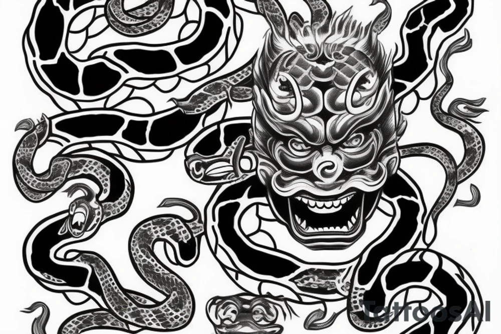 Japanese Demon Mask with Snake tattoo idea