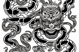 Japanese Demon Mask with Snake tattoo idea