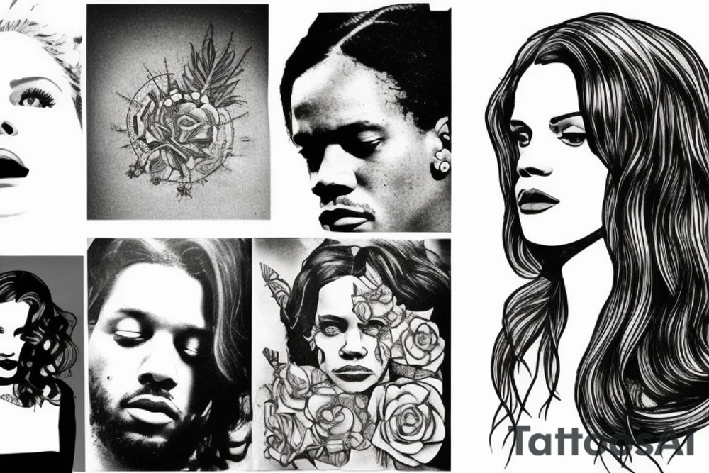 Mix of Lana del rey, Kendrick Lamar, Florence + the Machine, Rihanna, Travis Scott, the Neighbourhood, Harry Styles, A$AP Rocky music inspired tattoo. tattoo idea