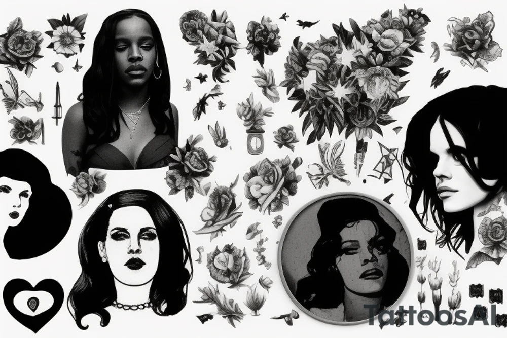 Mix of Lana del rey, Kendrick Lamar, Florence + the Machine, Rihanna, Travis Scott, the Neighbourhood, Harry Styles, A$AP Rocky music inspired tattoo. tattoo idea