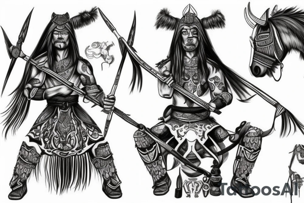 Kazakh warrior bow horse Satan tattoo idea