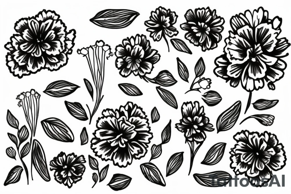 Daisies with carnations, marigolds, and snowdrops with small pothos leaves in the background in a slightly curved line tattoo idea