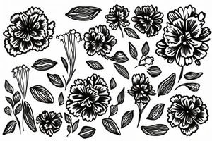 Daisies with carnations, marigolds, and snowdrops with small pothos leaves in the background in a slightly curved line tattoo idea