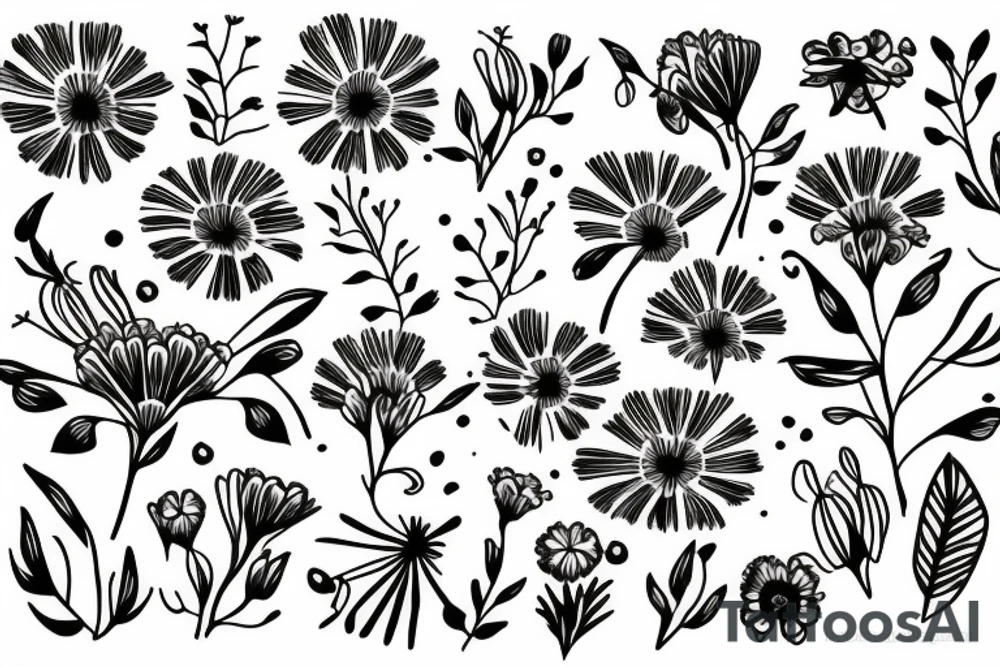 Daisies with carnations, marigolds, and snowdrops with small pothos leaves in the background in a slightly curved line tattoo idea