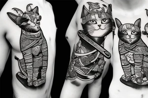 Samurai cat with sword and kimono tattoo idea