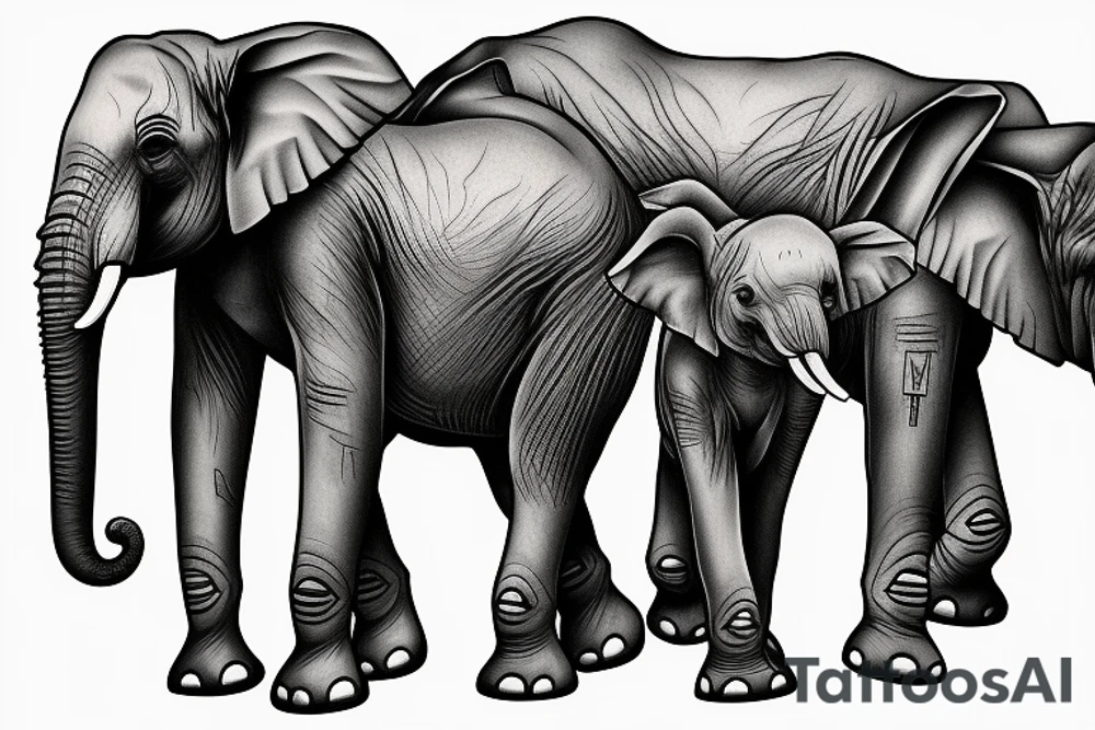 Family of elephants walking toward me big and small tattoo idea