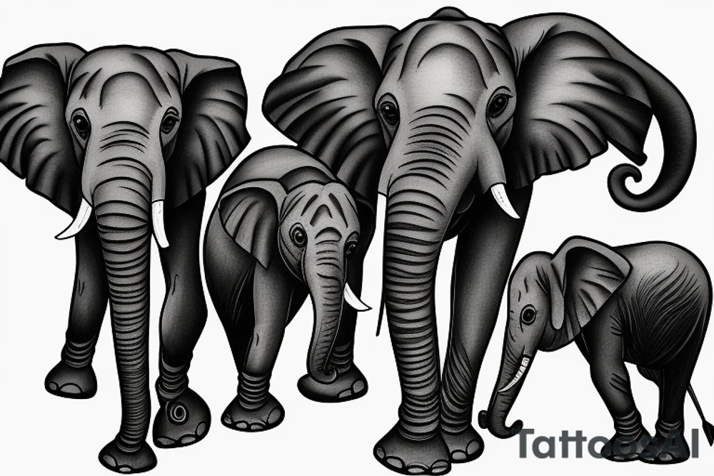 Family of three elephants walking toward me big and small tattoo idea