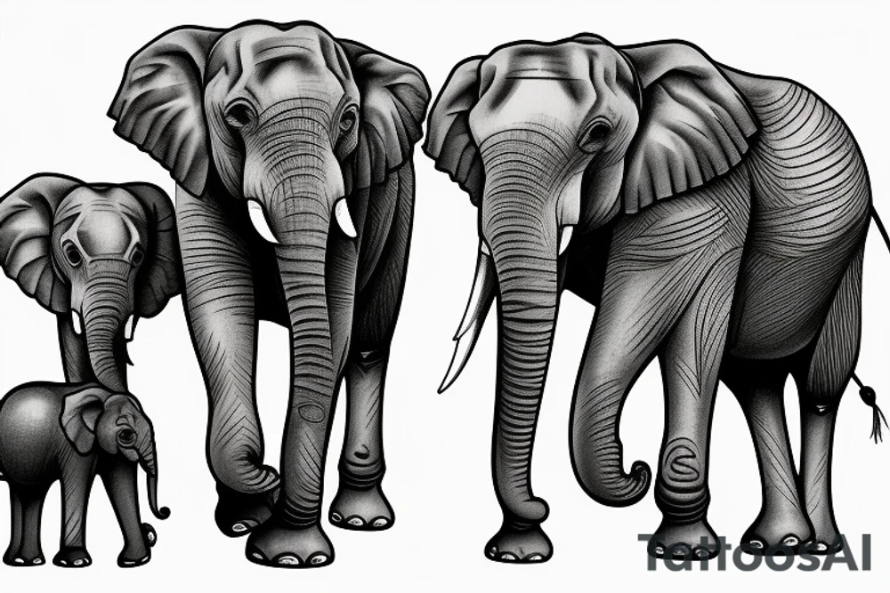Family of three elephants walking toward me big and small tattoo idea