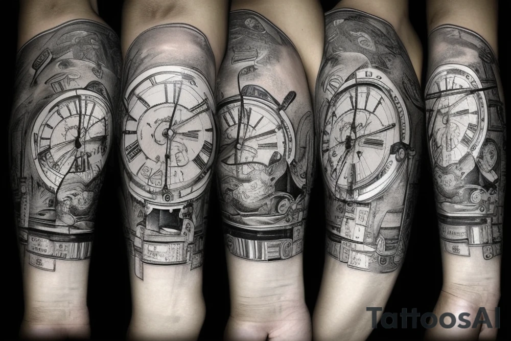 Voglio un orologio che si rompe in tanti pezzi, una scalinata per raggiungere l orologio tattoo idea