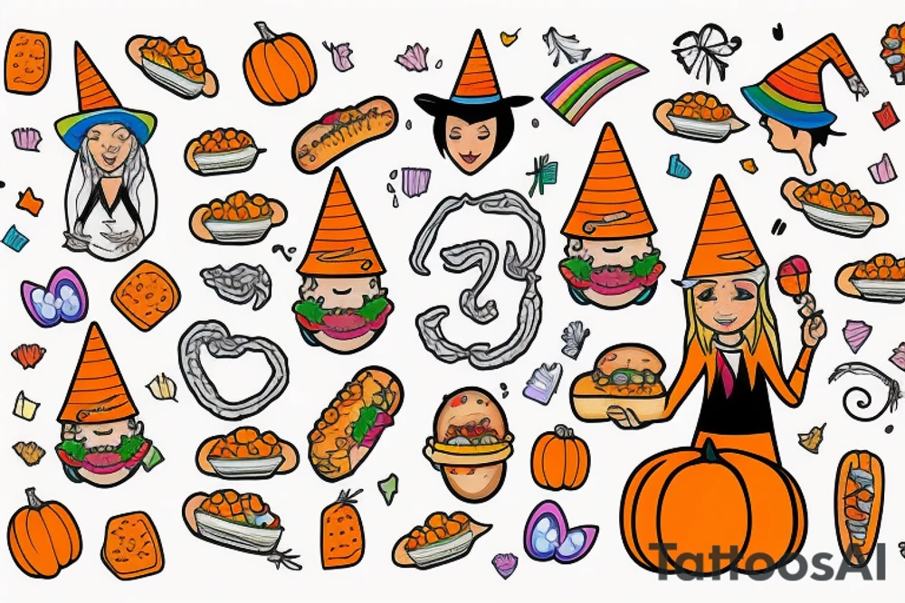 transgender wizard with a pumpkin hat eating a hotdog and holding a rainbow tattoo idea