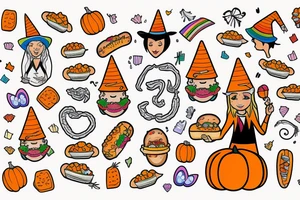 transgender wizard with a pumpkin hat eating a hotdog and holding a rainbow tattoo idea