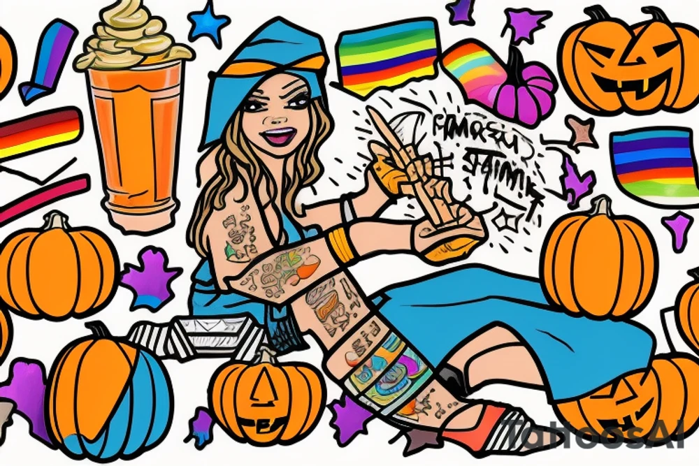 transgender wizard with a pumpkin hat eating a hotdog and holding a rainbow tattoo idea