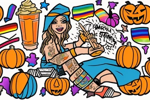 transgender wizard with a pumpkin hat eating a hotdog and holding a rainbow tattoo idea