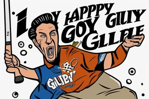 Happy Gilmore with a hockey stick in his right hand. A tee with a golf ball at his feet. His face is filled with rage. tattoo idea