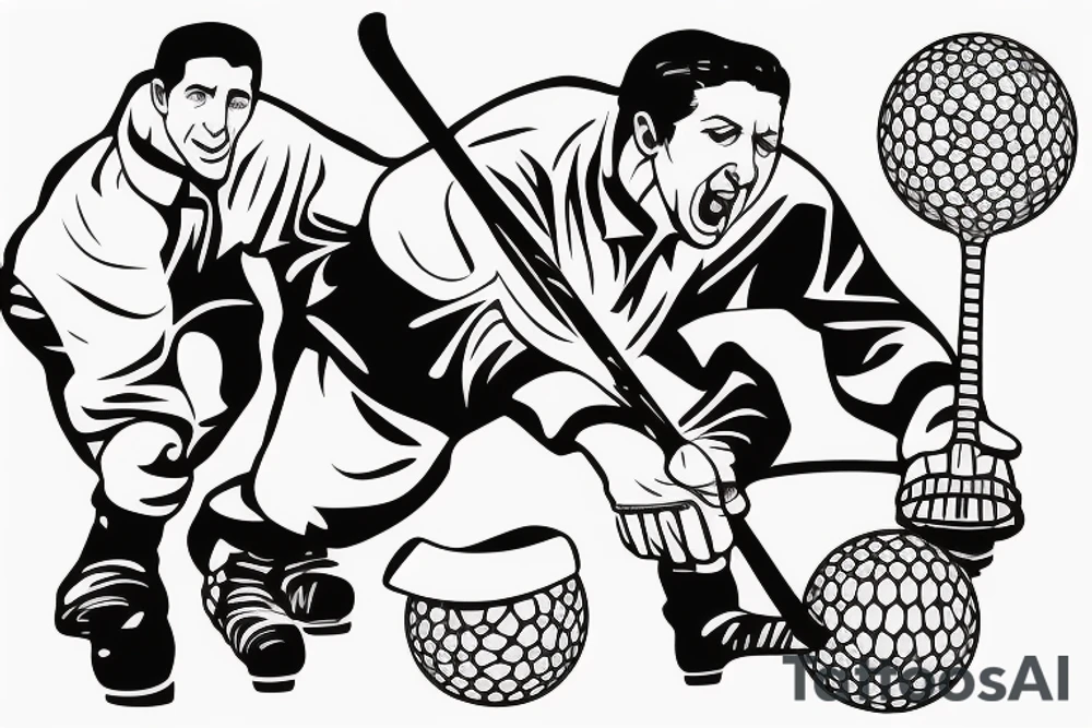 Happy Gilmore with a hockey stick in his right hand. A tee with a golf ball at his feet. His face is filled with rage. tattoo idea
