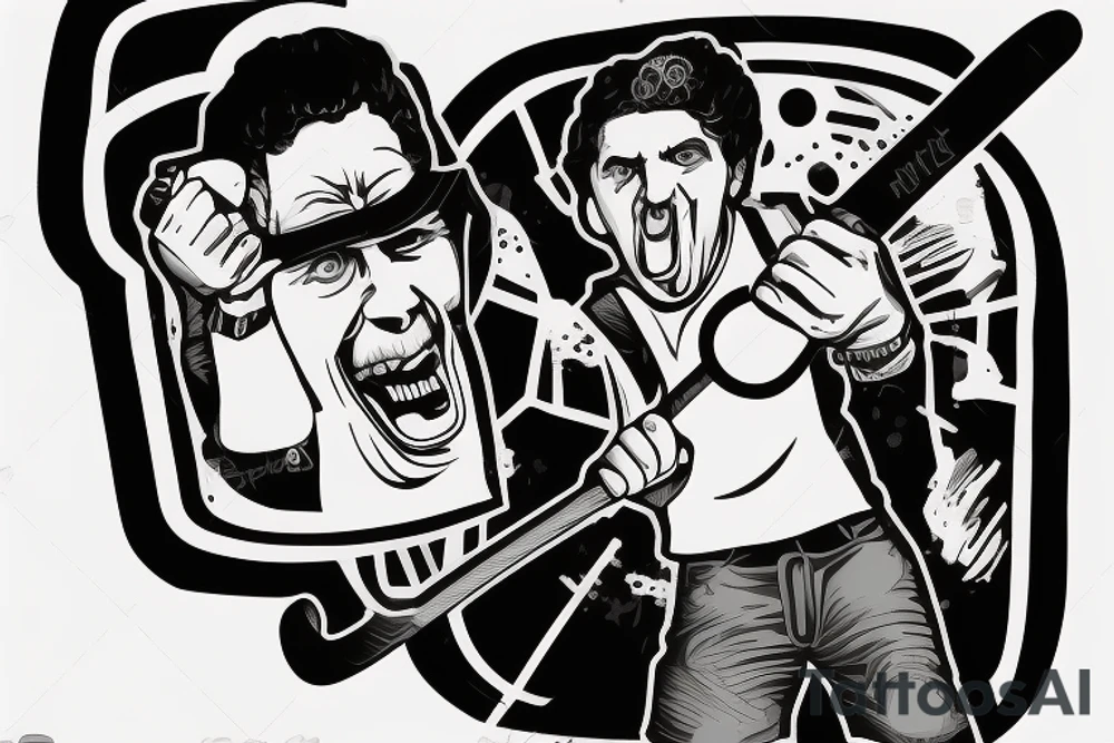 Happy Gilmore with a hockey stick in his right hand. A tee with a golf ball at his feet. His face is filled with rage. tattoo idea