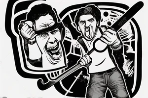 Happy Gilmore with a hockey stick in his right hand. A tee with a golf ball at his feet. His face is filled with rage. tattoo idea