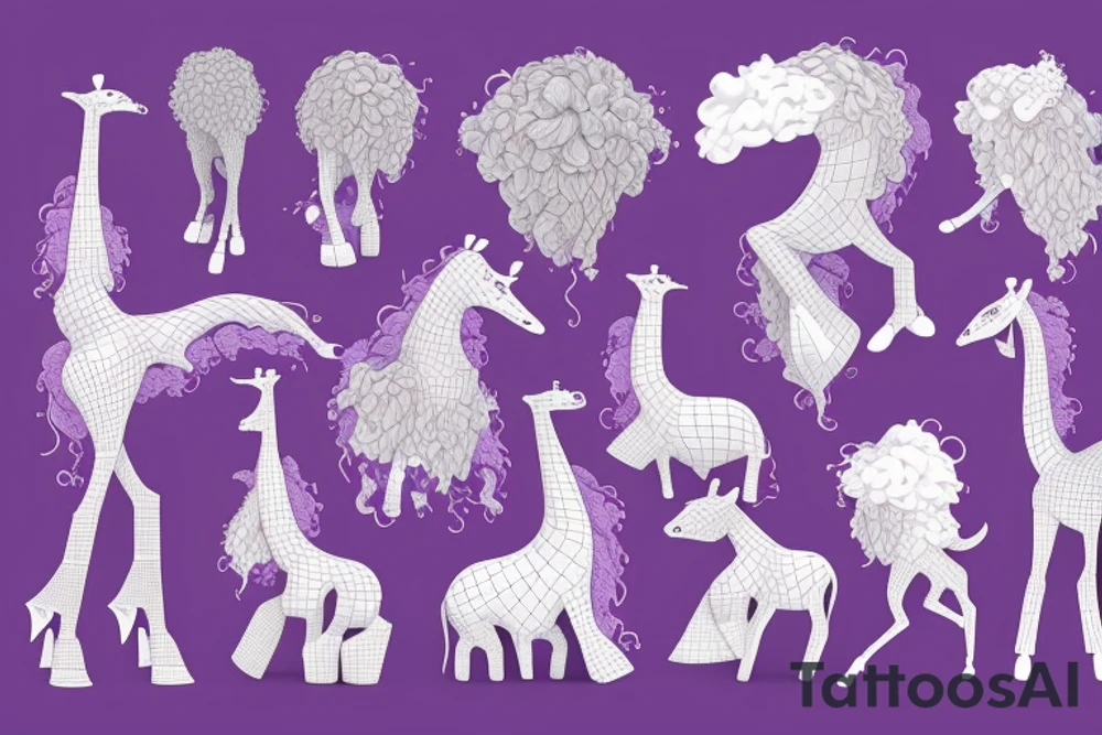 a fluffy purple monster in high heels riding a giraffe tattoo idea