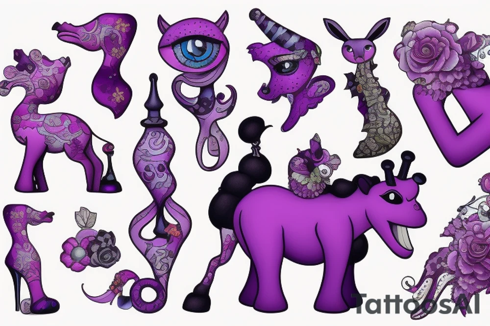 a fluffy purple monster in high heels riding a giraffe tattoo idea