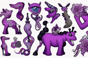 a fluffy purple monster in high heels riding a giraffe tattoo idea
