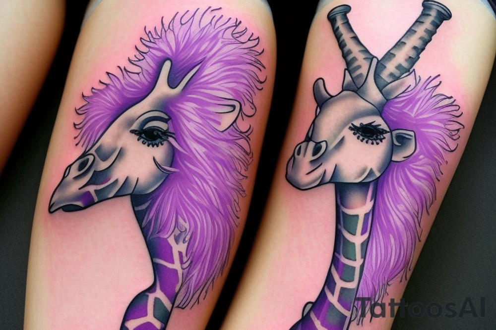 a fluffy purple monster in high heels riding a giraffe tattoo idea