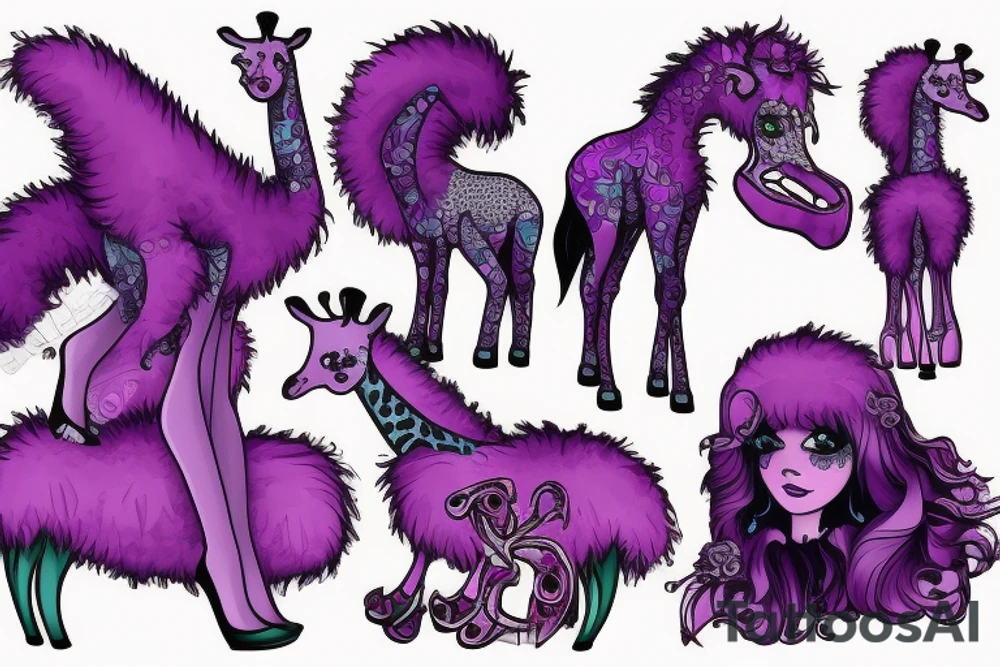 a fluffy purple monster in high heels riding a giraffe tattoo idea