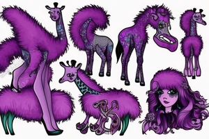 a fluffy purple monster in high heels riding a giraffe tattoo idea