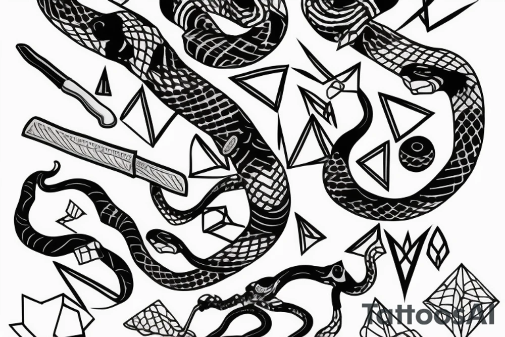snake wrapped around knife with geometrical pattern background tattoo idea