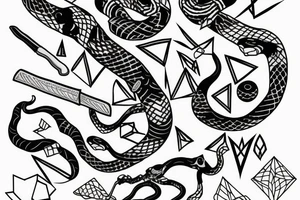 snake wrapped around knife with geometrical pattern background tattoo idea