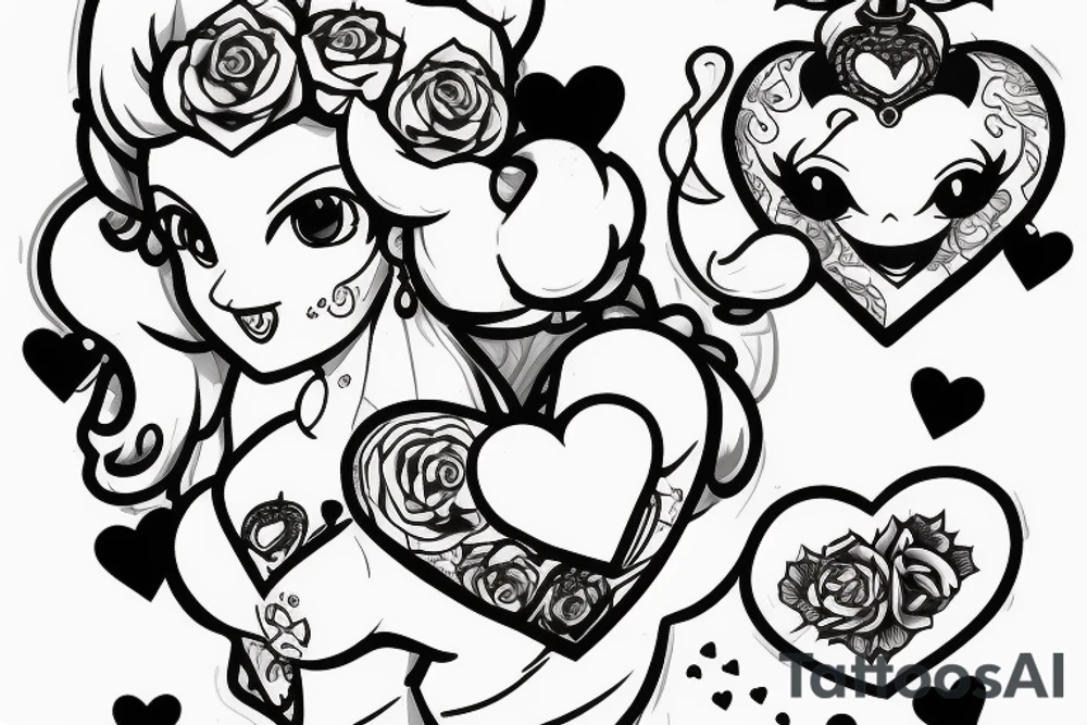 Princess peach in black and white with a red heart in her hands tattoo idea