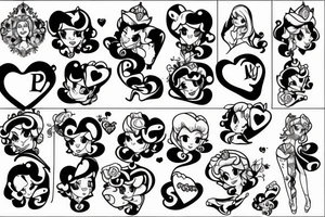Princess peach in black and white with a red heart in her hands tattoo idea