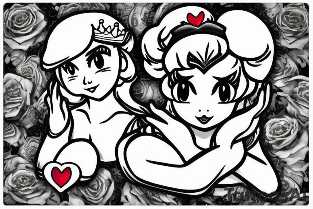 Princess peach in black and white with a red heart in her hands tattoo idea