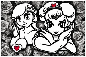 Princess peach in black and white with a red heart in her hands tattoo idea