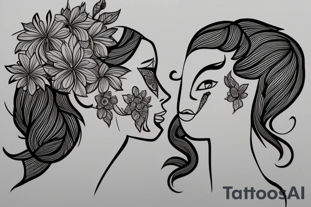 Lineal flower women profile shape tattoo idea