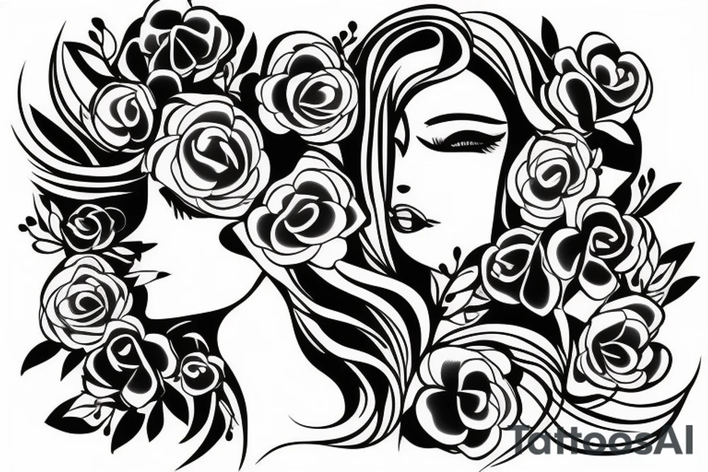 Lineal flower women profile shape tattoo idea