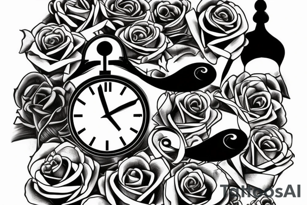 can you put zues at the yop under  roses surronding a clock with the time set to  6 o clock and the under the qutoe"El que merece no pide"- Papa tattoo idea