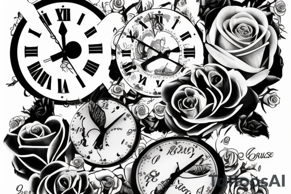 can you put zues at the yop under  roses surronding a clock with the time set to  6 o clock and the under the qutoe"El que merece no pide"- Papa tattoo idea
