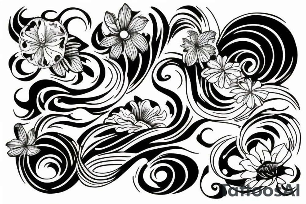 half-sleeve tattoo with waves crashing, and floral integrated tattoo idea