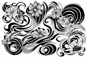 half-sleeve tattoo with waves crashing, and floral integrated tattoo idea