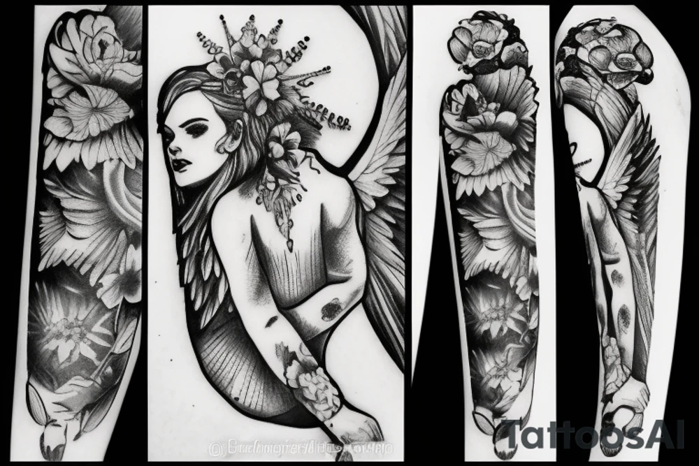 guardian angel with a gun and flowers tattoo idea