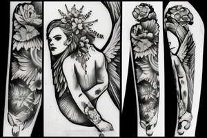 guardian angel with a gun and flowers tattoo idea