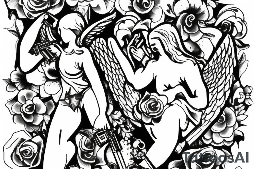 guardian angel with a gun and flowers tattoo idea