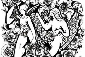 guardian angel with a gun and flowers tattoo idea