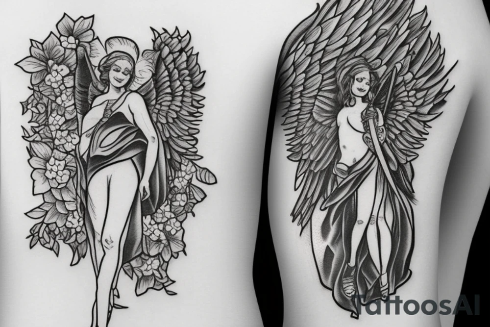 guardian angel with a gun and flowers tattoo idea