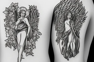 guardian angel with a gun and flowers tattoo idea