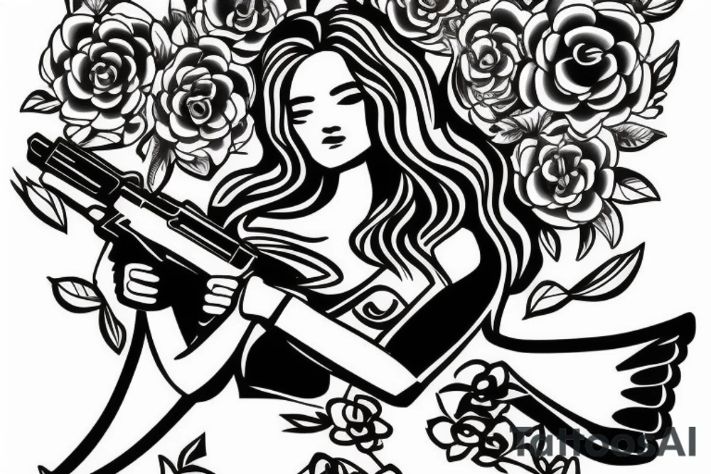 guardian angel with a gun and flowers tattoo idea