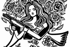 guardian angel with a gun and flowers tattoo idea