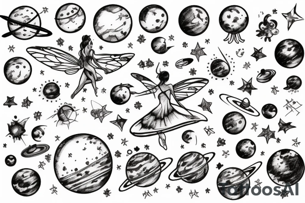 fairy surrounded by solar system tattoo idea