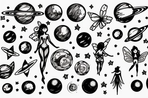 fairy surrounded by solar system tattoo idea